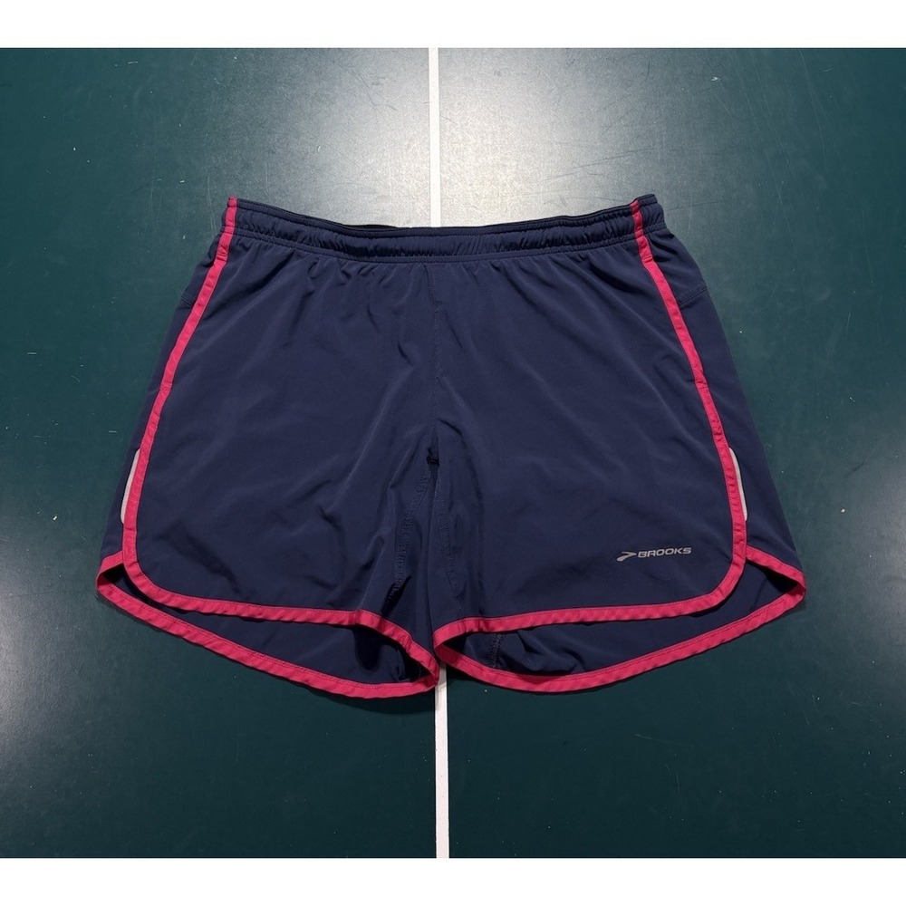 Brooks Athletic Running Shorts Womens Large Navy Blue Pink Lined Pockets Stretch